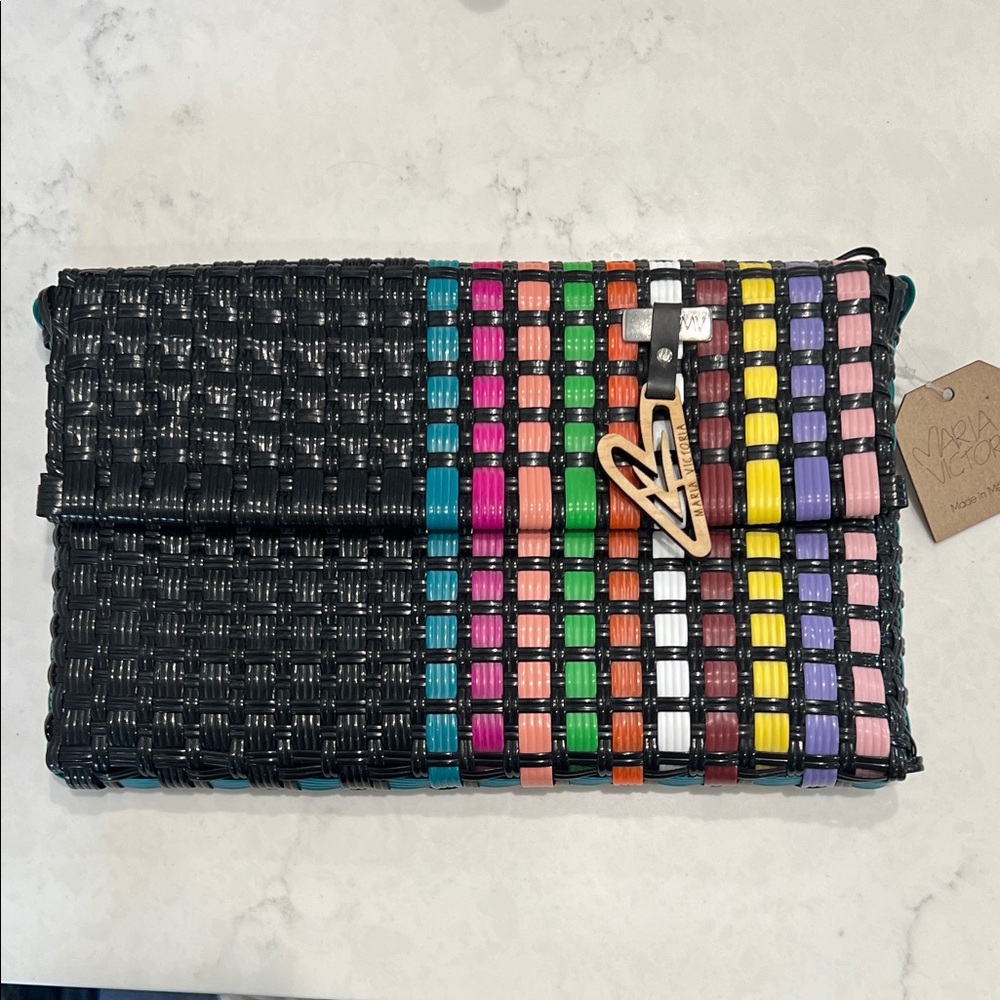 Maria Victoria Colorful Woven Clutch Bag, black, waterproof plastic, nwt